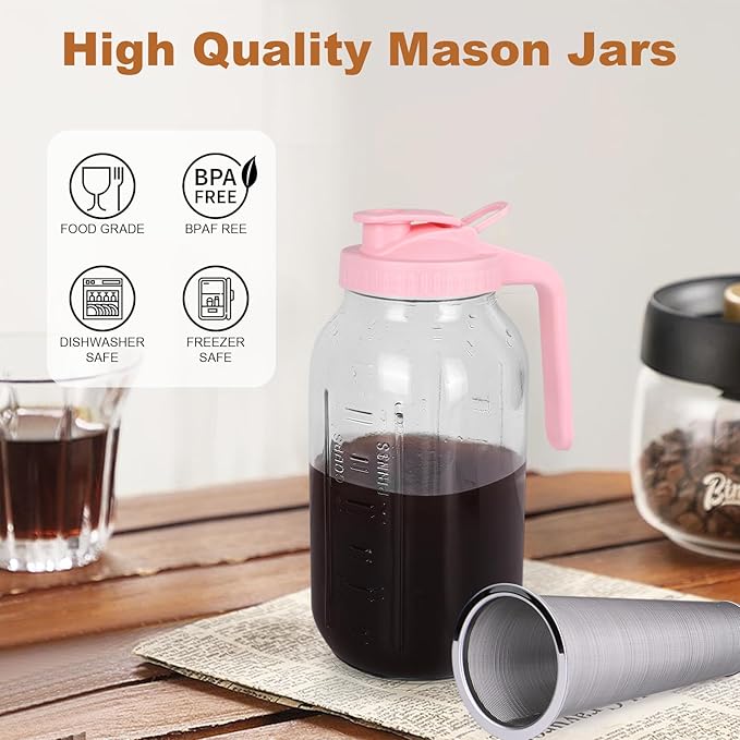 Cold Brew Coffee Maker，64 oz Wide Mouth Mason Jar Pitcher with Stainless Steel Filter, Pour Spout Handle Lid, Heavy Duty Glass Airtight & Leak-Proof for Iced Coffee & Tea Lemonade-Pink