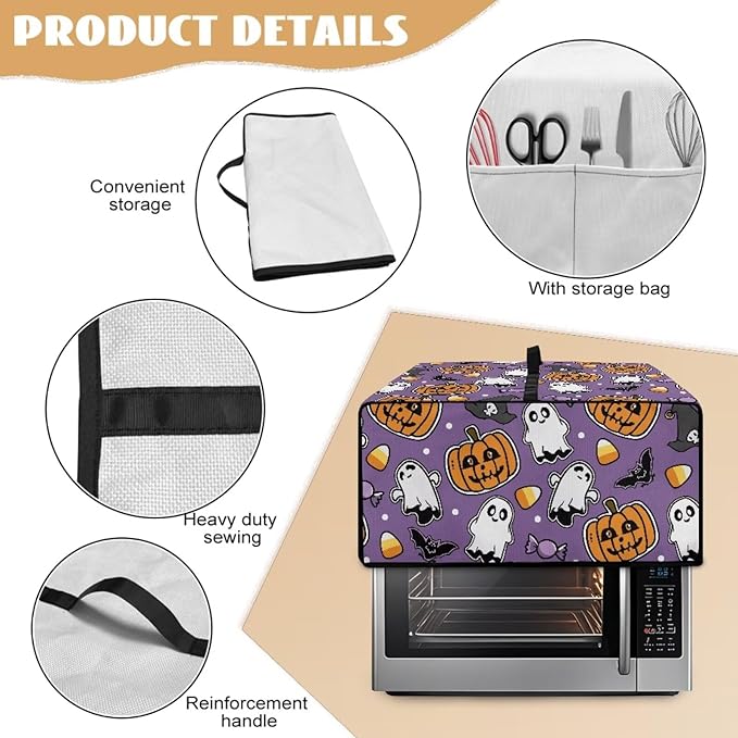 Air Fryer Toaster Oven Cover with Side Pockets, Protective Electrical Appliance Cover Kitchen Countertop Accessories, M, Ghost Pumpkin Bat Candy Violet Halloween Decor