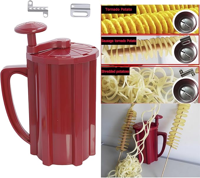Commercial Manual Tornado Spiral Potato Cutter, 3 in 1 Tornado Potato Slicer Vegetable Cutter Spiral French Fries with Stainless Steel Blade Carrot Cucumber DIY Barbecue