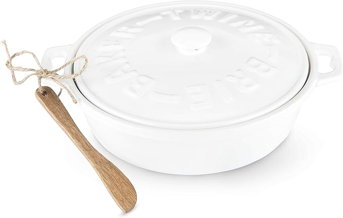 Twine Ceramic Brie Baker with Acacia Wood Spreader, Brie Baking Dish with Lid, Brie Cheese Baking Dish, Ceramic Bakeware, White, Set of 1