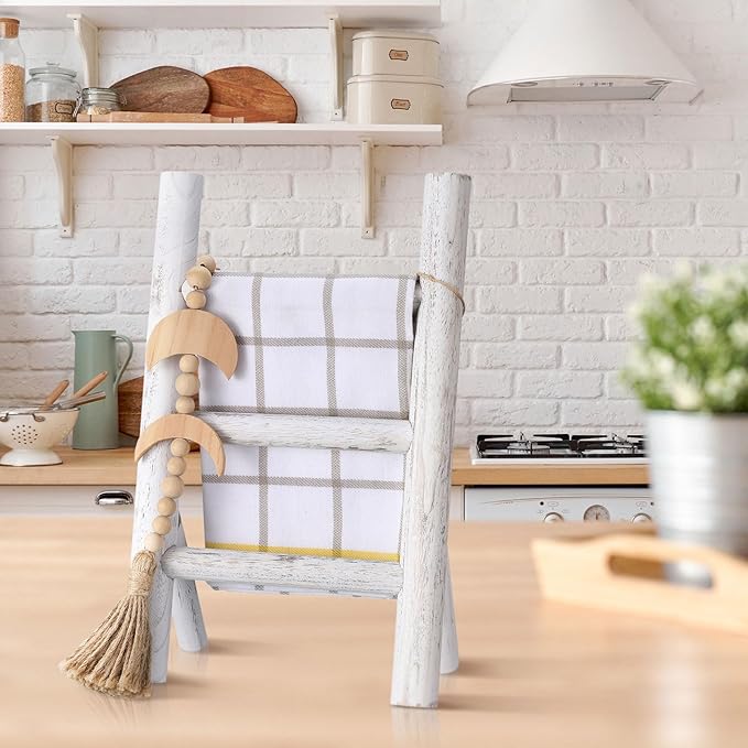 Cinnvoice 2 Pcs Wooden Tea Towel Ladder Rustic Hand Towel Stand Rack Mini Countertop Towel Stand Farmhouse Wood Counter Towel Holder for Bathroom Country Kitchen Office (White)