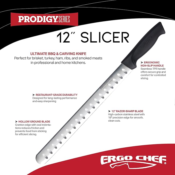 Ergo Chef Prodigy Series 12-Inch Razor-Sharp Meat Slicing Knife – High-Carbon Stainless Steel Blade, Non-Slip Ergonomic Handle for Brisket, Turkey, Ham, and Prime Rib Cutting