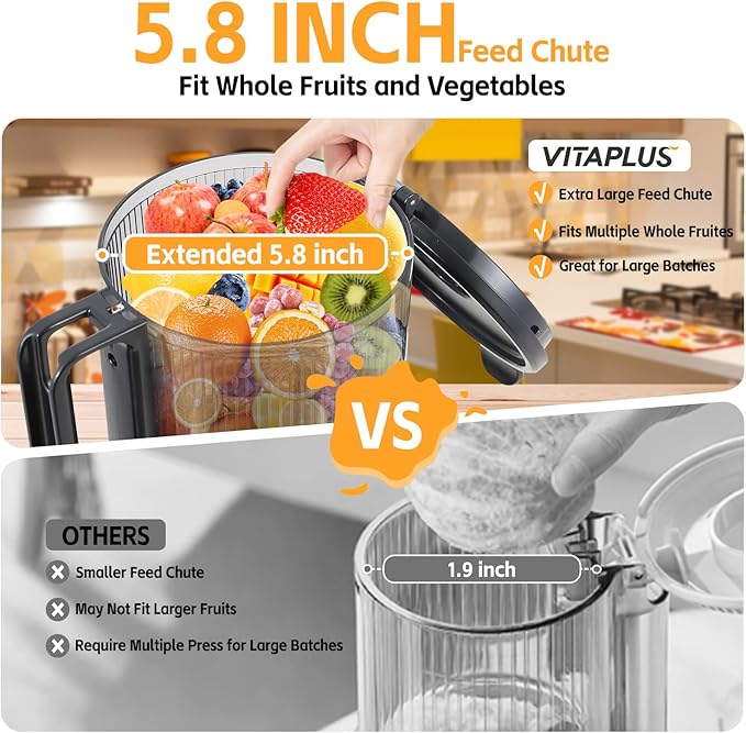 Cold Press Juicer, Upgraded AC Motor Masticating Juicer, Food-Grade Stainless Steel Auger, BPA-FREE Slow Juicing Extractor Machine with Easy Clean 5.8" Feeding Chute for Whole Vegs and Fruits