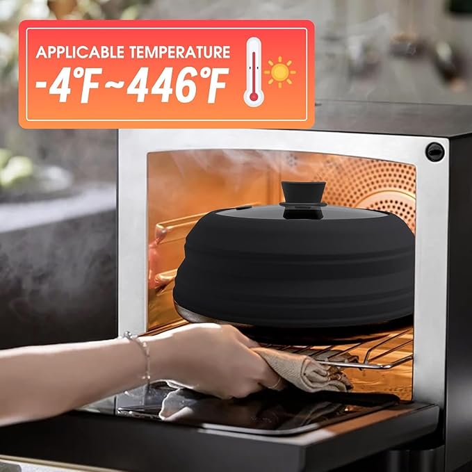 Microwave Splatter Cover Microwave Cover for Food 10.5 Inch Collapsible Glass Microwave Cover with Handle Silicone microwave splatter cover for Home Kitchen (Black)