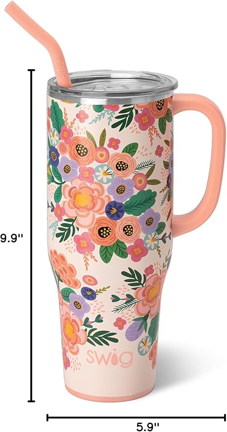 Swig Life 40oz Mega Mug, 40 oz Tumbler with Handle and Straw, Cup Holder Friendly, Dishwasher Safe, Lightweight Extra Large Insulated Tumbler, Stainless Steel (Full Bloom)