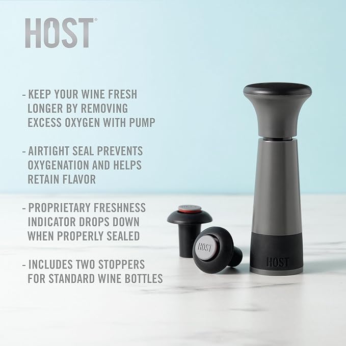 Host AirLOCK Wine Saver Pump and Wine Preserver with Wine Stoppers Vacuum Sealer Wine Pump and Wine Vacuum Bottle Stopper, set of 3, Black