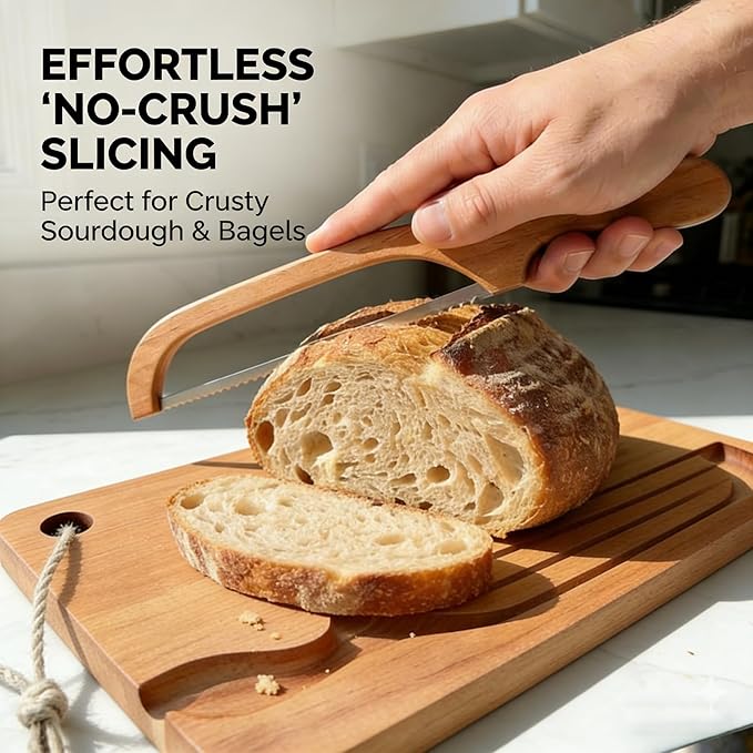 Bow Knife and Board Set, Wooden Bread Slicer with Crumb Tray, Ambidextrous Left & Right Handed, No-Crush Cutting for Sourdough & Bagels, 10 Inch Stainless Steel Blade, Rustic Gift(Pine wood)