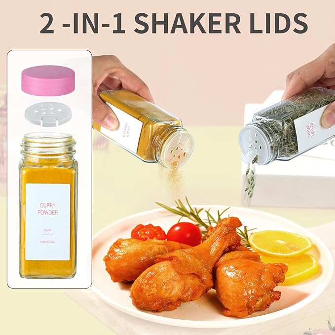 Pink Spice Jars with Label，4oz Seasoning Containers, Glass Spice Bottles with Shaker Lids,Funnel, Chalk Pen (Pink, 48)