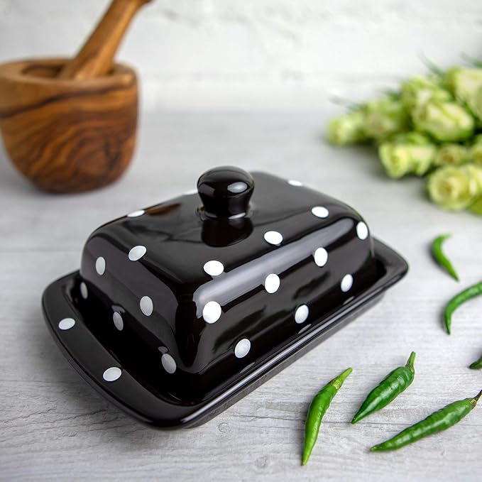 City to Cottage Large Ceramic Butter Dish With Lid for Countertop - Handcrafted Black and White Polka Dot Keeper, Container With Knob Handle, Holder Tray With Cover