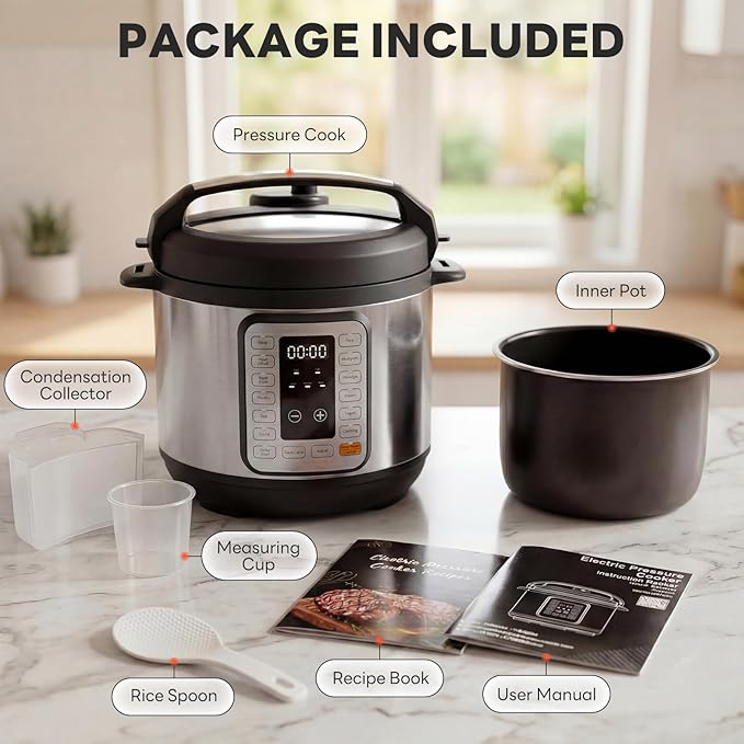 DUMOS 16-in-1 Electric Pressure Cooker, 6QT Programmable Multi Cooker with 12 One-Touch Presets, Soup Steam Yogurt and More, Ceramic Inner Pot Delay Start & Keep Warm, Includes Recipe Guide, Silver