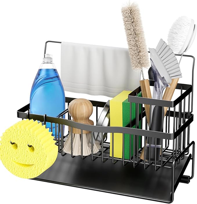 Sponge Holder for Kitchen Sink 304 Stainless Steel Self-Draining Sink Caddy with Smiley Face Sponge and Brush Holder Towel Bar and Divider Kitchen Gadgets Organizer for Countertop, Black