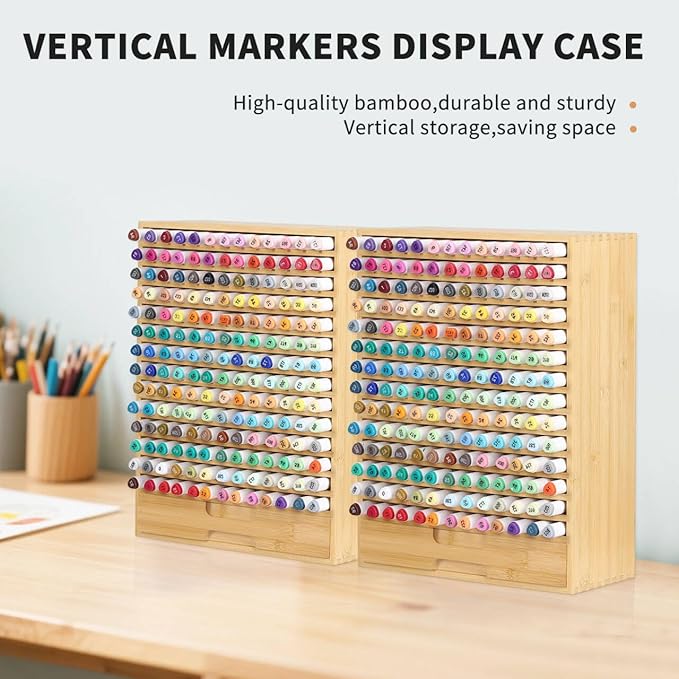 AUTOARK Natural Bamboo Marker Organizer with Drawer,182 Slots,Large Art Supply Storage for Artists,Teachers,Students - No Assembly Sturdy Desk Organizer for Classroom Office Decor,AHK-065