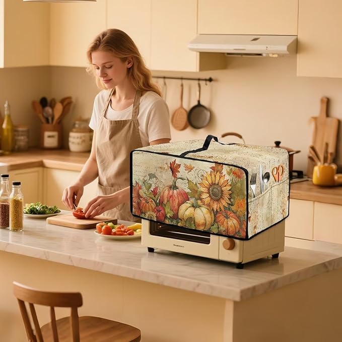 Toaster Oven Dust Cover Small Kitchen Appliance Cover for Countertop Convection Ovens,Small Appliances, S, 14.5 x 18.5 x 9 Inches, Retro Pumpkin Sunflower