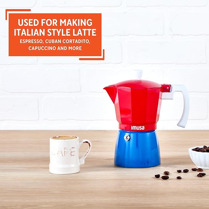 IMUSA Stovetop Espresso Maker 6 Cup – Cast Aluminum Moka Pot Caribbean Colors Edition Red Blue White – Cafetera Italiana Espresso Cuban Coffee Maker