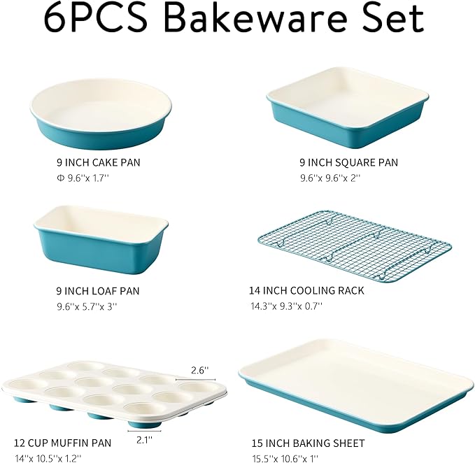 CAROTE 6-Piece Ceramic Baking Pans Set, Aluminized Steel Bakeware Sets, Toxin-Free Nonstick Stackable Oven Pans with Cookie Sheet, Muffin Pan, Loaf Pan, Round & Square Cake Pan, Cooling Rack