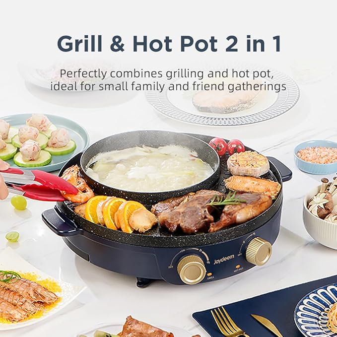 Joydeem Electric Grill with Shabu Shabu Hot Pot, Compact Korean BBQ Hotpot Combo Machine, 2L Hot Pot, Suitable for 1-4 People, JD-SK3407
