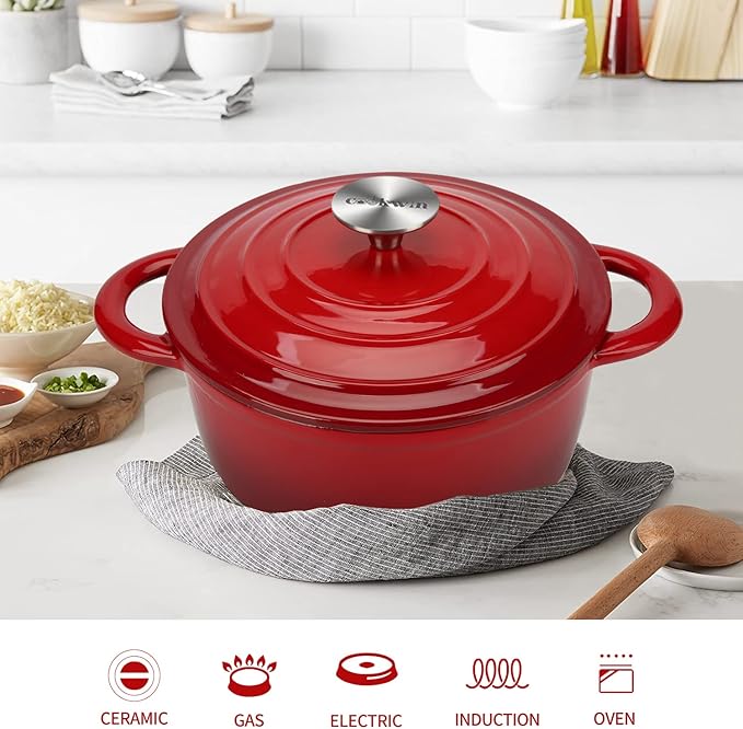 Enameled Cast Iron Dutch Oven, 4.5QT Heavy Duty Cooking Pot with Lid, Oven Safe up to 500° F for Sourdough Bread Baking, Braising, Stew, Family And Friends Best Gifts, Red