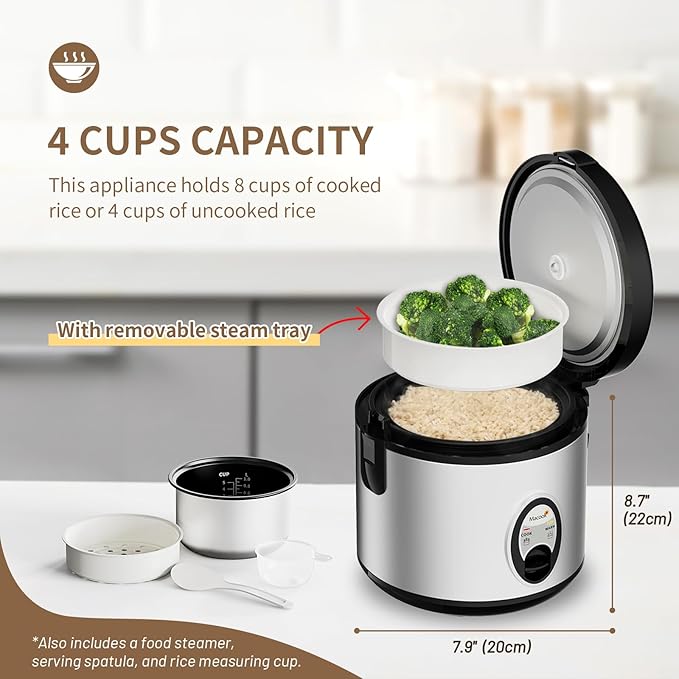 Macook Stainless Steel Rice Cooker with Steamer, 4-Cup Uncooked (1.0L)/8-Cup Cooked, Electric Grain & Vegetable Cooker, Auto Keep Warm for Oatmeal, Soups & Multicooking