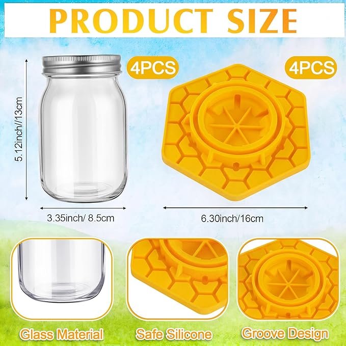 4 Pack Bee Feeder for Mason Jar Bee Watering Station Garden Silicone Sugar Water Feeder Beekeeping Drinking Equipment Tools with Mason Jars for Drinking Water (Ginger Yellow,Hexagon)