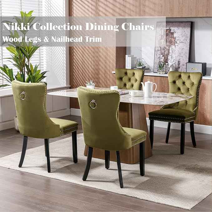 Velvet Dining Chairs Set of 6, Upholstered Dining Room Chairs with Back Ring Pull Trim and Solid Wood Legs,Tufted Wingback Kitchen Chairs for Dining Room,Living Room,Kitchen(Olive Green)