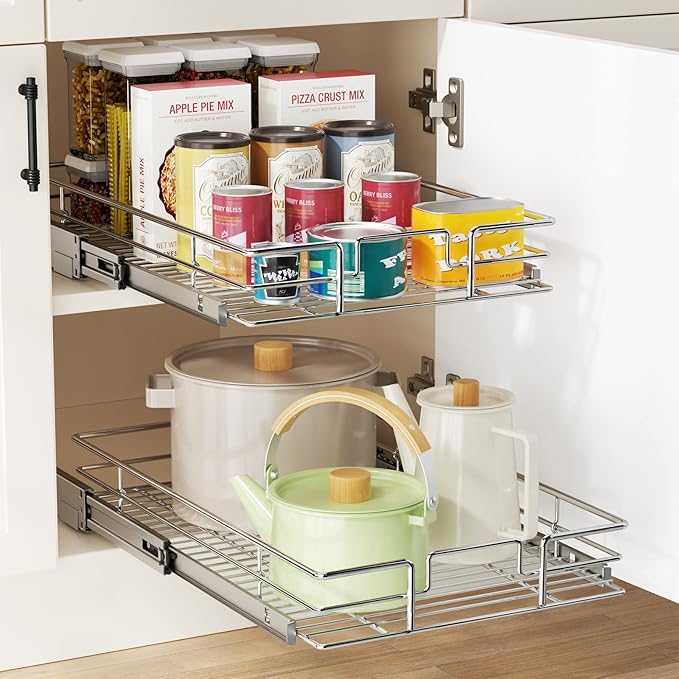 LOVMOR Pull Out Cabinet Organizer 14"W x 21"D, Kitchen Cabinet Pull Out Shelves Slide Out Storage