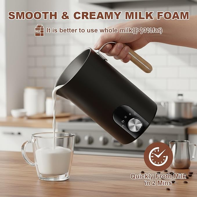 5 in 1 Electric Milk Frother Automatic Hot & Cold Foam Maker Auto Shut-Off Milk Warmer Silent Operation Fast Frothers with Comfortable Handle for Cappuccino, Hot Chocolate (Black)
