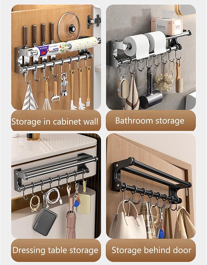 Hanging Wall Mount knife Wall Mount, Space-Saving Knife Rack with Hooks, Kitchen Organizer Storage Shelf for Utensils Spatula Spoon, Kitchen Utensil Hanger (Black, 50CM+10Hooks)