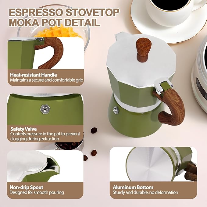 Aluminum 6 Cup 300ml Moka Pot Express Coffee Maker Stovetop Espresso Colorful Coffeemaker Italian Classic Style Brewing Greca Cafe Mocha Machine for Cafeteras Lover Camping Travel and Home Use 10oz