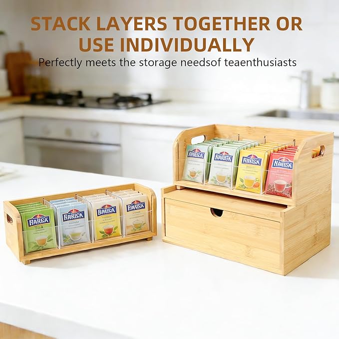 3-Layer Stackable Bamboo Tea Bag Organizer with Drawer, No-Tool Assembly Tea Organizers and Storage Holder for Countertop, Cabinet, Office, Kitchen, Pantry