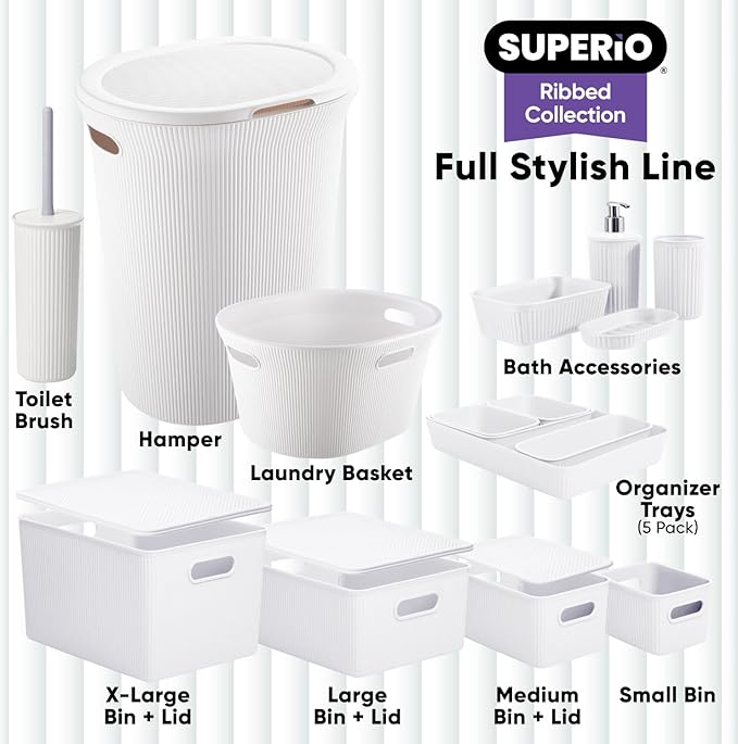 Superio Decorative Plastic Toilet Bowl Brush and Holder Set, Cleaner Scrubber for Bathroom (2, White)