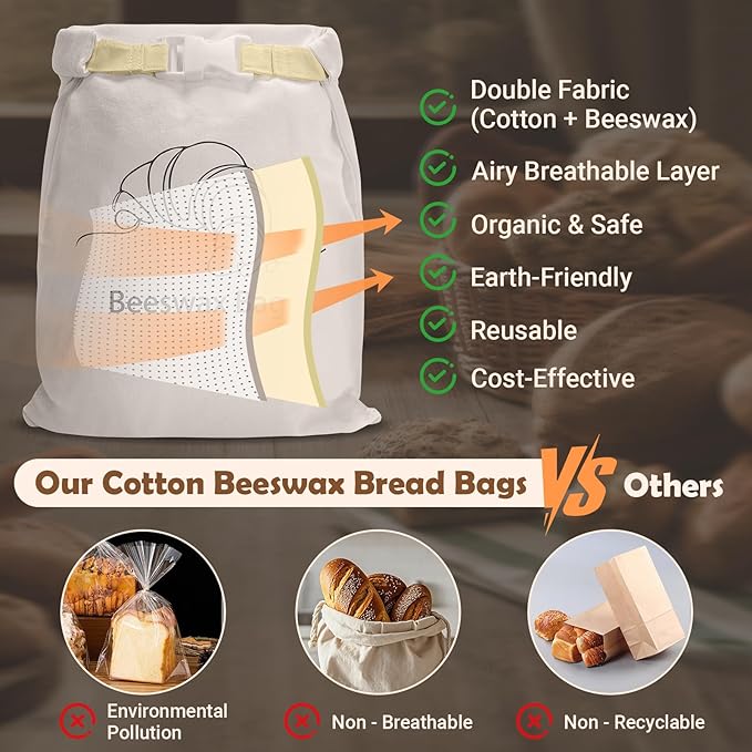 Cotton Beeswax Bread Bag (2 Pack) Reusable Double-Lock Freezer Safe for Homemade Sourdough Bread Food Storage Gifts for Sourdough Bakers (Pattern 1)