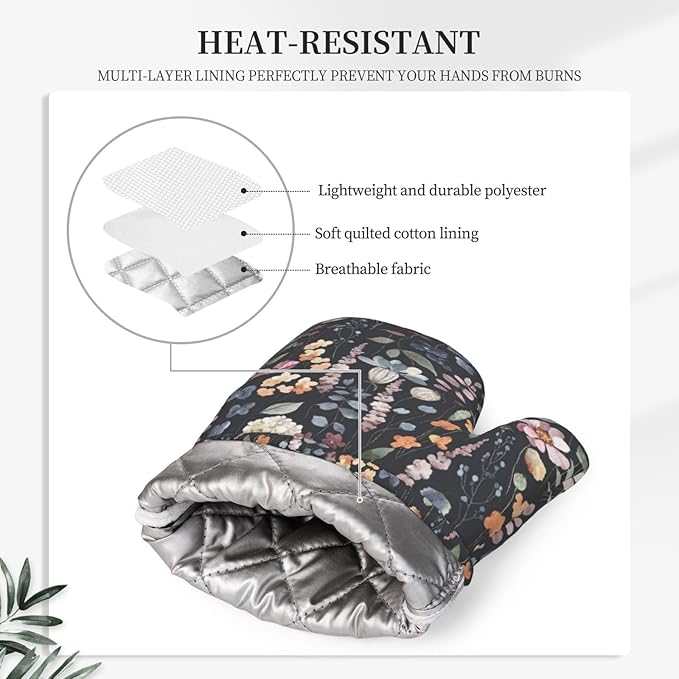Watercolor Wild Flowers Oven Mitts and Pot Holders Sets Silicone Wildflower Kitchen Oven Mitts Hot Pads Heat Resistant Vintage Floral Potholders Kitchen Mitts Set for Baking BBQ Cooking