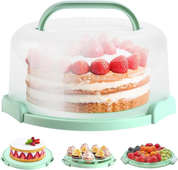 Ohuhu Cake Carrier with Lid and Handle, BPA-Free Cake Containers Cake Holder for 10 inch Cake with 2 Handles Cupcake Carrier - Plastic Cover Two Sided Base for Transport Pie Nuts Fruit Perfect Gifts