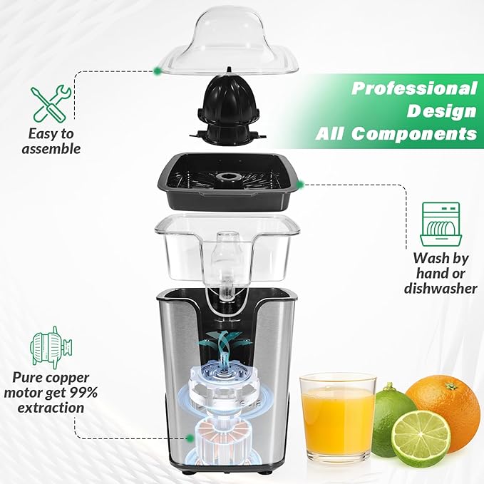 Rechargeable Electric Citrus Juicer, 40W Cordless Orange Juice Squeezer with USB-C Charging, Stainless Steel Lemon Juicer with Adjustable Anti-Drip Spout & 2 Cones, Portable for RV