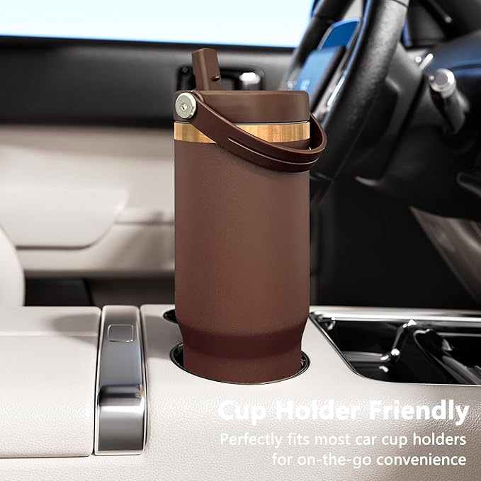 30 oz Tumbler Bulk with Handle and Straw, Vacuum Insulated Tumblers with Flip Straw and Top Handle, Leakproof Powder Coated Tumbler, Stainless Steel Travel Mug for Coffee Water (Browm, 4 Pack)