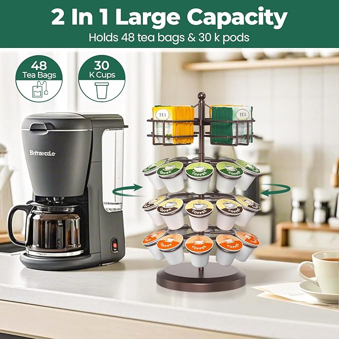 EsLuker.ly K Cup Holder Coffee Pod Organizer Carousel for Countertop, Rotatable Metal 4-Tier Storage Rack Stand for 30 K Cups & Tea Bags, Convenience Meets Elegance, Coffee Brown