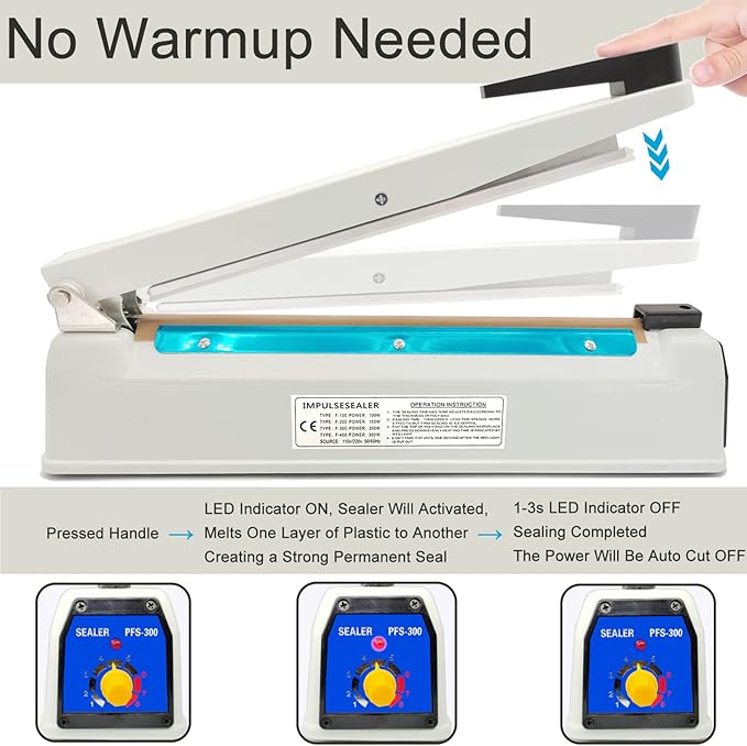 Impulse Heat Sealer 12 Inch 5mm Mylar Bag Sealer, Iron Shell Sealer, Plastic Bag Sealer Machine, with 4 Replacements Kit (2 Cutting Lines Included)