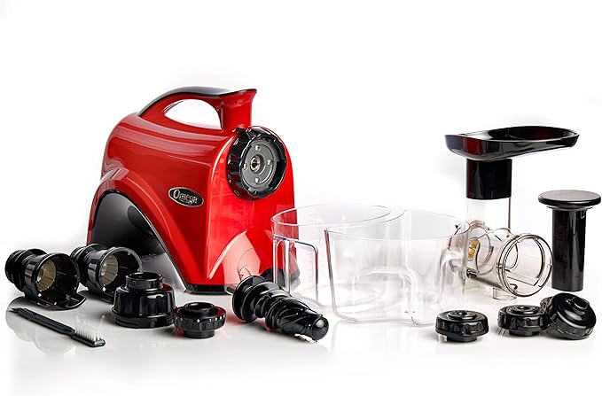 Omega Juicer Premium Vegetable and Fruit Juice Extractor and Nutrition System Makes Nut Milks Baby Food and Sorbets, Adjustable Pressure Settings 80-RPM Slow Masticating Juicer, 150-Watts, Red