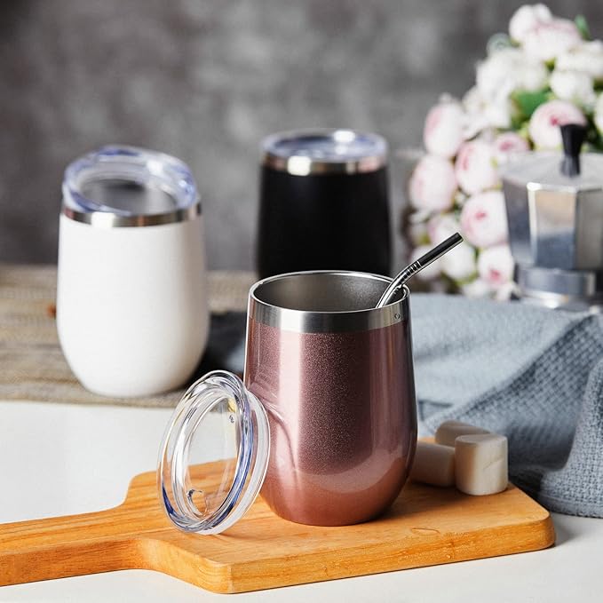 COMOOO Stainless Steel Wine Tumbler with Lid and Straw 12oz Double Wall Vacuum Insulated Travel Tumbler Cup for Coffee, Wine, Cocktails, Champagne (Black White Silver and Rose Gold, 16 Pack)