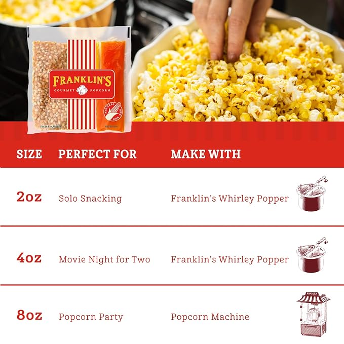 Franklin’s Gourmet Popcorn All-In-One Popcorn Packs for Popcorn Machine - 8oz Pack of 10 - Made in USA - Packs of Corn Kernels with Buttery Salt & Oil