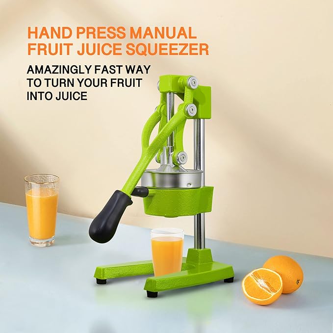 Commercial Heavy Duty Cast Iron Hand Press Manual Orange Citrus Lemon Lime Grapefruit Pomegranate Fruit Juice Squeezer Machine with Stainless Steel Cup Green