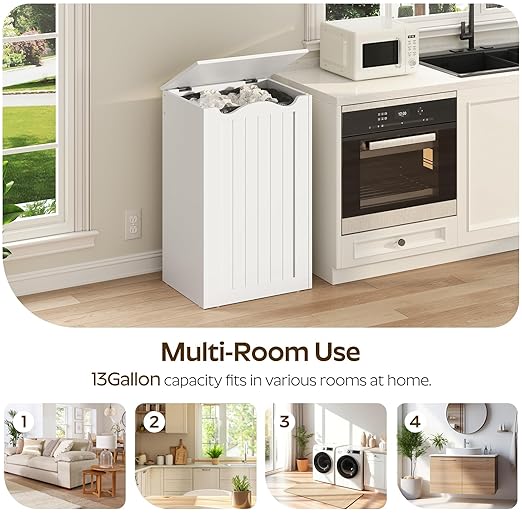 YATINEY Trash Can Cabinet,13 Gallons Hidden Kitchen Garbage Can with Lid, No Inner Bin Needed, Wooden Recycling Trash Bin Cabinet for Kitchen, Living Room White WB05WW