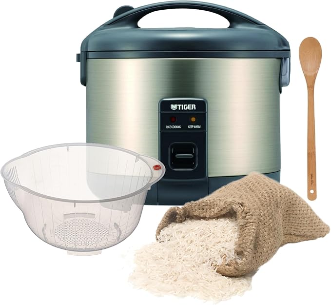 Tiger JNP-S10U 5.5 Cup Capacity White Rice Cooker with Spatula and Measuring Cup Bundle with Rice Washing Bowl and Bamboo Spoon (3 Items)