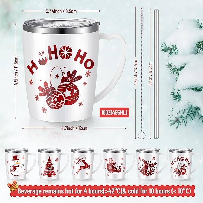 6 Pcs Christmas Coffee Mugs Cups 16 Oz Merry Christmas Stainless Steel Insulated Tumblers Set with Handle Lid Straw Brushes Xmas Red White Snowman Hohoho Mugs Gifts for Winter Holiday Party