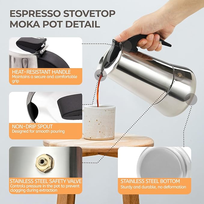 9 Cup 450ml Moka Pot Stainless Steel Espresso Coffee Maker Stovetop Coffeemaker Italian Classic Style Brewing Greca Cafe Mocha Machine for Cafeteras Lover Camping Travel and Home Use 15oz