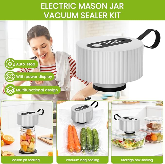 Electric Mason Jar Vacuum Sealer Kit, One-Touch Electric Sealing， for Wide-Mouth Regular-Mouth Mason Jars, Portable Vacuum Sealer for Jars, Gifts for Mom, Grandma(2026 Upgraded)