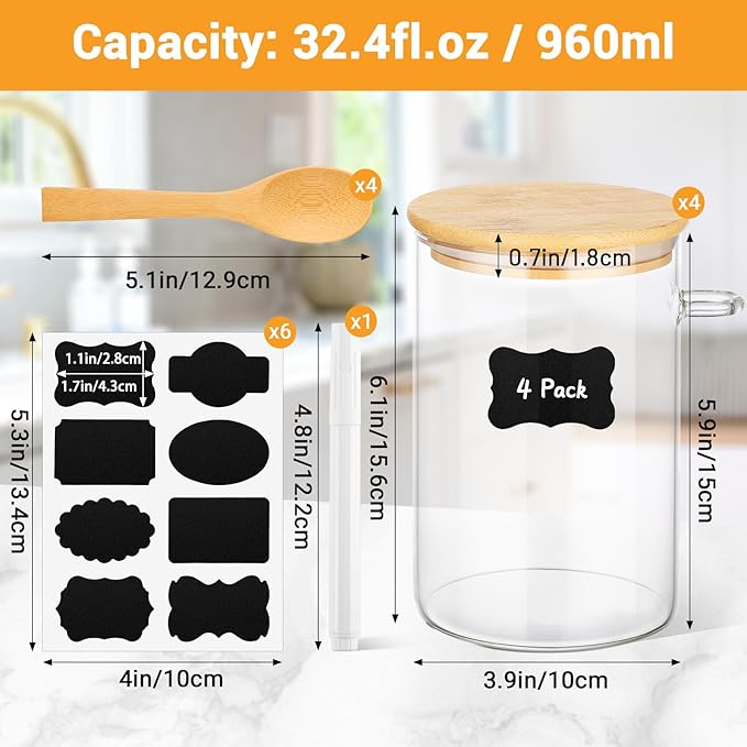Glass Containers with Bamboo Lids and Spoon - 4 Pack 32 Fl.oz Round Glass Storage Jars Set, Includes Labels and Marker, Kitchen Pantry Container for Loose Leaf Tea, Sugar, Coffee, Cookie, Oats