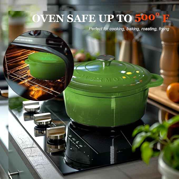 Overmont Enameled Cast Iron Dutch Oven - 5.5QT Pot with Lid Cookbook & Cotton Potholders - Heavy-Duty Cookware for Braising, Stews, Roasting, Bread Baking Green