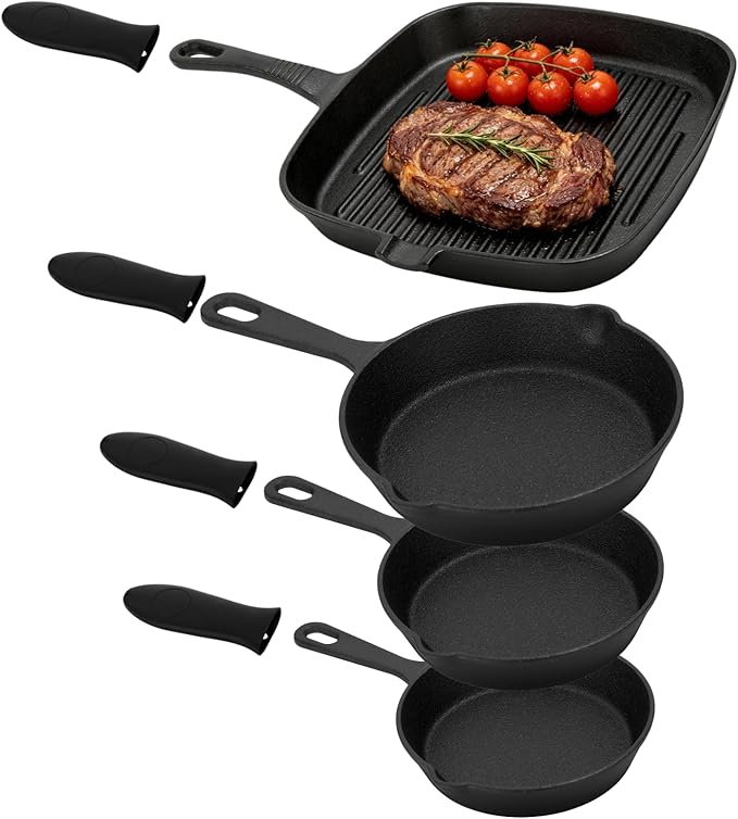 4 Pieces Cast Iron Skillet Set, Frying Pan and Grill Pan Set with Silicone Handle Covers, Non-Coated Cookware Kit for Stove Oven, Grill, Heavy Duty Kitchen Pans