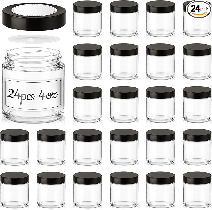 4 oz Glass Jars with Lids, 24 Pack Clear Small Glass Jars with Black Lids Leakproof Round Airtight Empty Cosmetic Travel Containers with Inner Liners For Lotions Powders and Candle Making